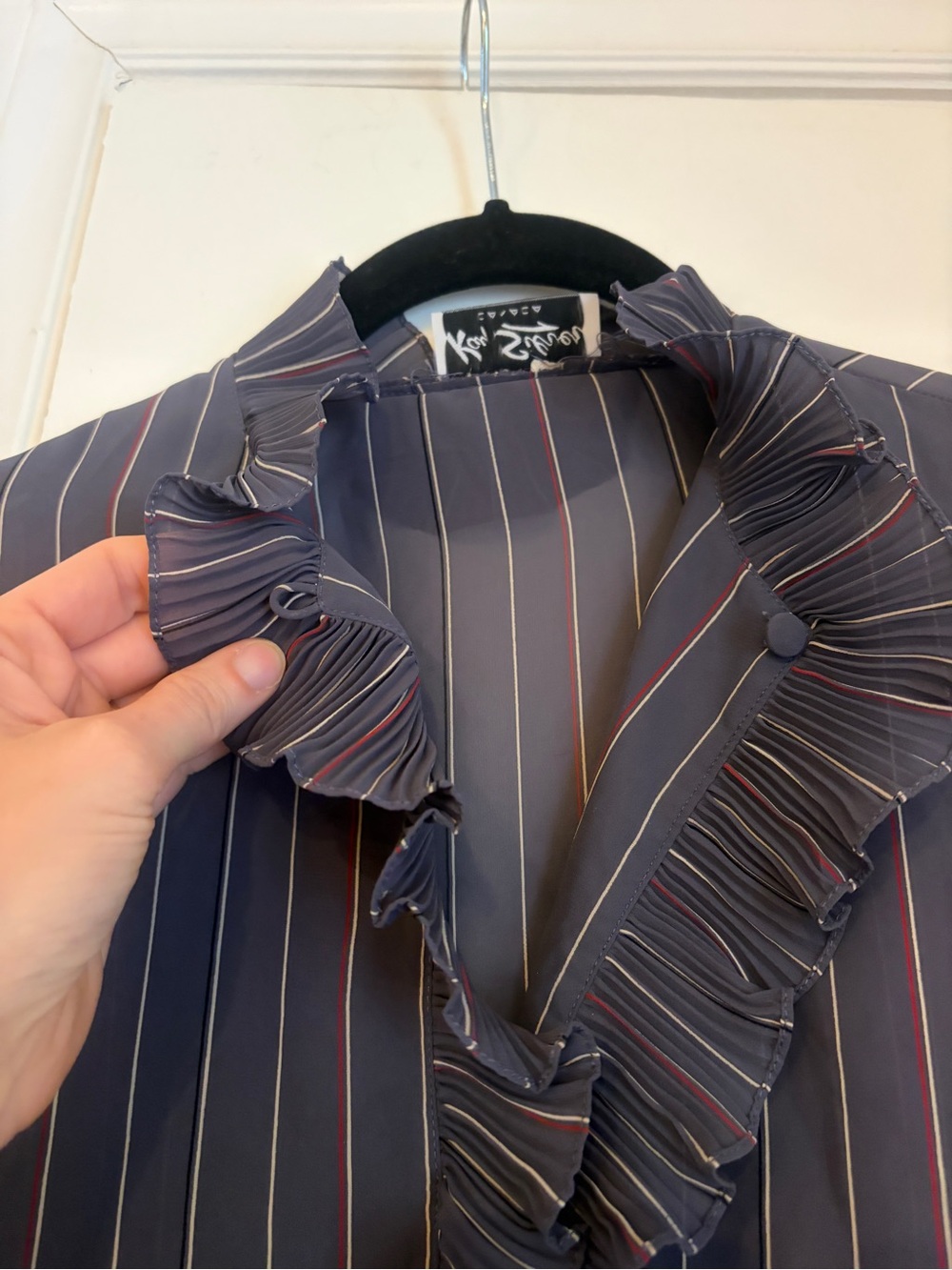 Vintage 70s Ruffle-Trim Navy Pinstripe Blouse - Picture 8 of 12